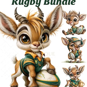 May include: A digital graphic set titled Little Bok Rugby Bundle featuring illustrations of a cartoon antelope wearing a green and gold rugby jersey. The characters are shown in various poses with a rugby ball and a trophy on a white background.