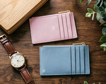 Custom Leather Zip Card Holder | Personalized Coin Purse | Slim Wallet