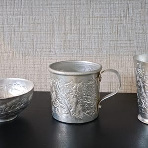 1960's Vintage Embossed Aluminum Drinkware Set, 3 Piece Metal Tea Cup, Small Bowl and Tumbler, Rustic Kitchen Decor, Peacock Textured Set.