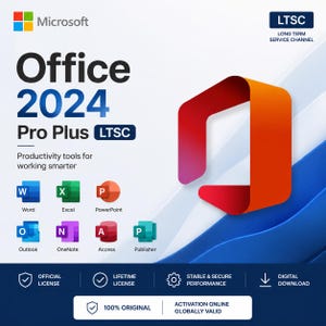 Może przedstawiać: Pakiet oprogramowania Microsoft Office 2024 Pro Plus LTSC z logo Microsoft, tytułem produktu oraz ikonami Word, Excel, PowerPoint, Outlook, OneNote, Access i Publisher. Zawiera tekst dotyczący oficjalnej dożywotniej licencji i pobierania cyfrowego.