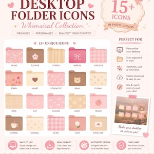 Puede incluir: Una colección digital de más de 15 iconos de carpetas de escritorio en tonos pastel de rosa y marrón. Los iconos presentan varios patrones e ilustraciones, incluyendo lazos, flores, rayas, cintas, cuadros, estrellas, corazones, lunares, osos, cuadrículas, gatos, nubes, margaritas, melocotones, café, tulipanes y sobres.