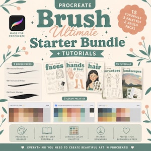 May include: A digital art bundle for Procreate featuring the text Procreate Brush Ultimate Starter Bundle + Tutorials. Includes 15 tutorials, 3 color palettes, and 2 brush packs with examples of brush strokes, instructional guides, and color swatches.