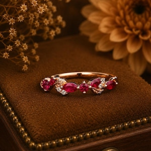 May include: A rose gold ring with red marquise-cut gemstones and small diamonds. The ring has a delicate design with leaf accents. The ring is displayed on a brown velvet surface.