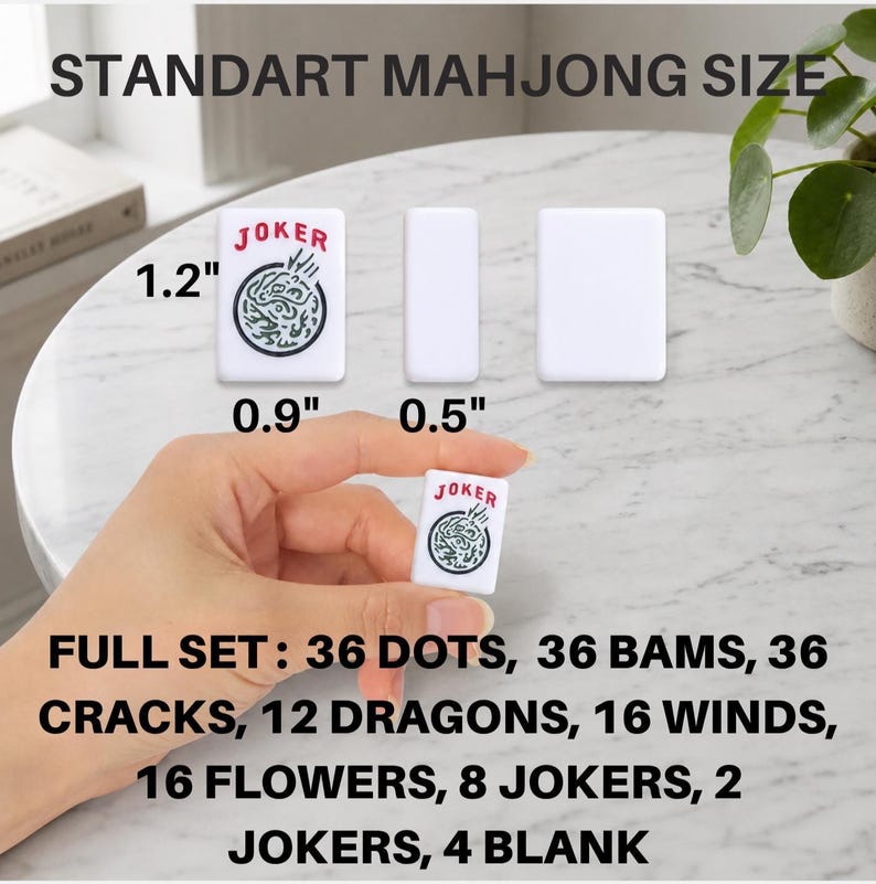 May include: White Mahjong tiles with black and green details, including a "Joker" tile. The image shows tiles of various sizes, with the largest tile measuring 1.2 inches. The text indicates a full set includes 36 dots, bams, cracks, dragons, winds, flowers, jokers, and blank tiles.