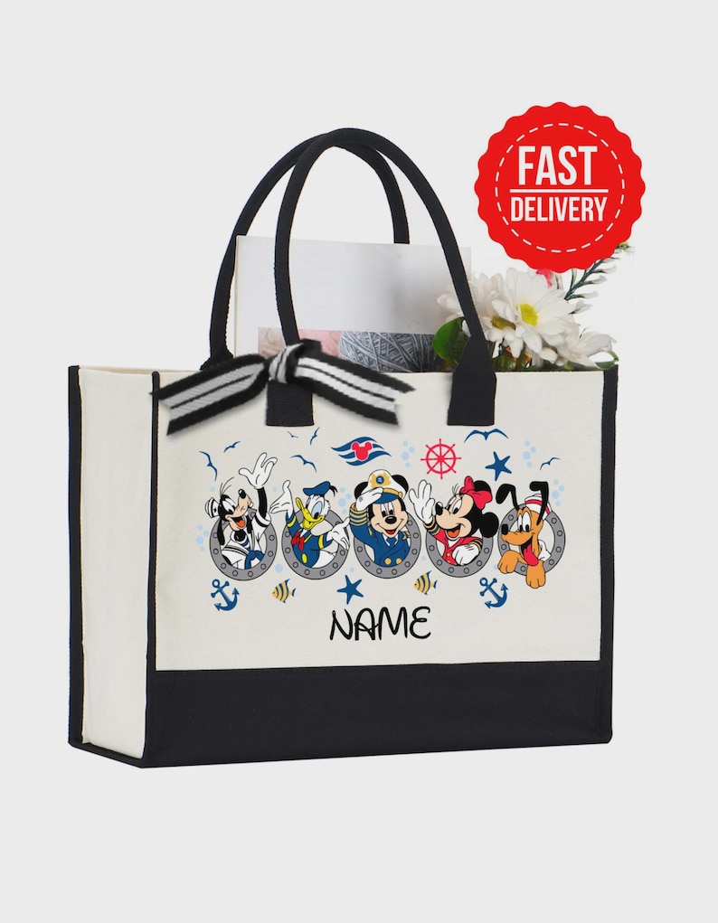 disney cruise bag, custom name bag, mickey mouse tote, beach bag disney, disney gift idea, personalized tote, cruise essentials, kids beach bag, canvas travel bag, family cruise bag, goofy donald pluto, nautical disney bag, minnie mouse gift