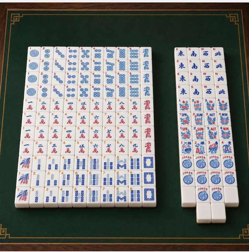 May include: A complete Mahjong set with white tiles featuring blue and red symbols and characters. The tiles are arranged on a green playing surface with a dark wood border. Includes tiles with numbers, suits, and Jokers.