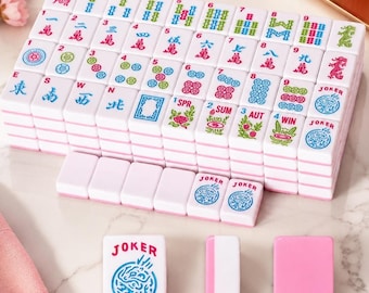Juego de fichas de mahjong americano rosa, juego de mesa pulido y grabado para noches de juegos (para fiestas y viajes).