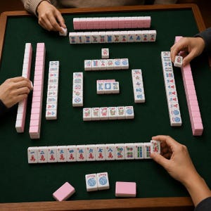May include: A game of Mahjong in progress, featuring pink and white tiles on a green felt surface. The tiles are arranged in sets, with players' hands visible. The game is set on a wooden table.