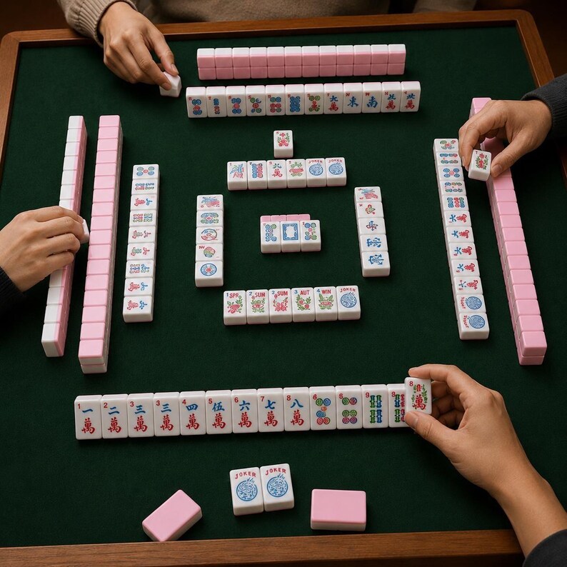 May include: A game of Mahjong in progress, featuring pink and white tiles on a green felt surface. The tiles are arranged in sets, with players' hands visible. The game is set on a wooden table.