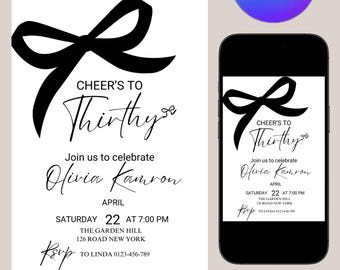 Invitación de cumpleaños número treinta con lazo negro, estilo coqueto, fiesta para adolescentes (descarga digital)