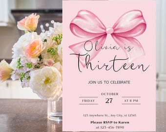 Watercolor Pink Bow Birthday Invitation, Pastel Coquette Ribbon (Digital Download)