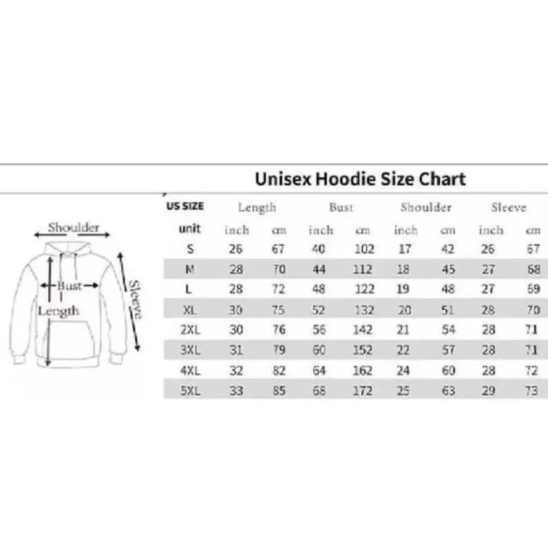 Pode incluir: Tabela de tamanhos de hoodies unissexo com medidas em polegadas e cent&iacute;metros. A tabela inclui tamanhos de S a 5XL, detalhando medidas de comprimento, busto, ombro e manga. Um diagrama de um hoodie est&aacute; inclu&iacute;do.