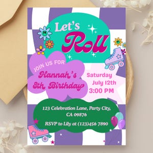 May include: A rectangular birthday invitation card featuring a purple and white checkered background. The text reads Let's Roll, Join us for Hannah's 8th Birthday, Saturday July 12th 3:00 PM, 123 Celebration Lane, Party City, CA 09876, RSVP to Lily at (123)456 7890.