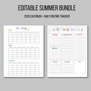 May include: An editable summer bundle featuring a 2026 calendar and a daily routine tracker. The calendar includes June, July, and August grids. The routine tracker has sections for morning, afternoon, evening, reading, bucket list, and notes.