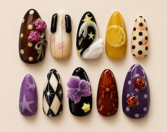 Eclectic Pop Art Press On Nails with 3D Florals, Lemon Fruit Art, Ladybug Charms, Polka Dots and Funky Y2K Aesthetic