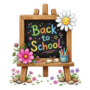 May include: A wooden easel with a chalkboard displaying the colorful text Back to School. The board is decorated with a smiling daisy, pink cosmos flowers, a rolled scroll, and a polka-dot cup filled with colored pencils and chalk sticks.