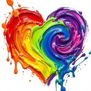 May include: A heart-shaped graphic composed of thick, swirling impasto paint in a vibrant rainbow spectrum. The design features saturated red, orange, yellow, green, blue, and purple pigments with visible brushstrokes and dripping paint textures.