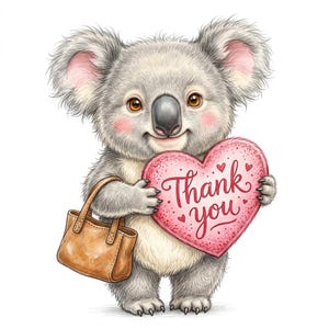 May include: A fluffy grey koala with pink cheeks holding a pink heart-shaped sign that says Thank you in red cursive script. The koala also carries a small brown leather-style handbag with two handles, rendered in a detailed illustrative style.