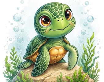Sea Turtle Clipart Bundle, Baby Turtle Illustrations JPG, Nursery Decor Graphics, Kids Crafts Digital Download