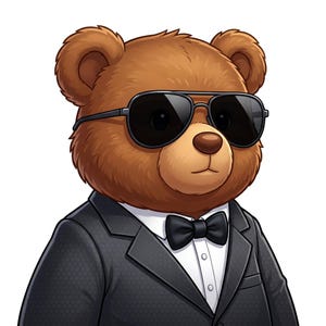 May include: A brown teddy bear wearing black aviator sunglasses, a black tuxedo jacket with a textured pattern, a crisp white dress shirt, and a black bow tie. The bear has rounded ears, a dark brown nose, and a neutral facial expression.