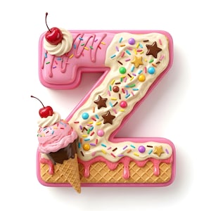 Könnte beinhalten: Eine buchstabenförmige Z-Dekoration mit einer rosa glasierten Basis, bedeckt mit weißem Zuckerguss, bunten Streuseln und sternförmigen Bonbons. Eine kleine Eistüte mit einer Kugel rosa Eis und einer Kirsche befindet sich unten links.