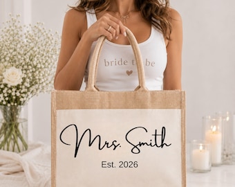 Personalized Mrs Tote Bag, Custom Last Name Tote, Bride Tote Bag, Wedding Gift for Bride, Bridal Shower Gift, Wedding Welcome Bag, Jute Tote