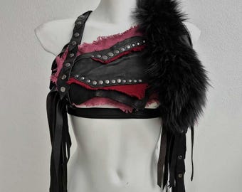 Fantasy Warrior Crop Top Black Leather red tattered linen fur Post Apocalyptic Cosplay Costume