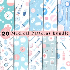 Medicinska sömlösa mönster | Digitalt papper för hälso- och sjukvård | Bakgrundspaket för sjuksköterska och läkare | Utskrivbar JPG-uppsättning