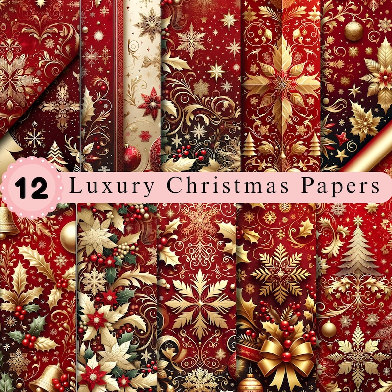 Retro Pattern Backing Paper Luxury Christmas Digital Paper Bundle | Vintage Holiday Seamless ...
