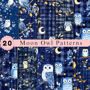 Moon Owl Seamless Patterns | Night Forest Digital Paper | Celestial Woodland Background | Scrapbook Printable