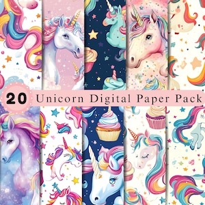 May include: A collection of 20 digital paper designs featuring unicorns, cupcakes, and stars in various color palettes including white, pink, purple, and dark blue backgrounds. The text 20 Unicorn Digital Paper Pack is centered.