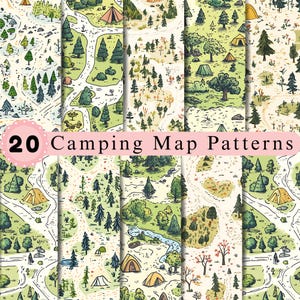 May include: A collection of 20 digital camping map patterns featuring illustrated landscapes with winding paths, various evergreen and deciduous trees, small bushes, rocky terrain, and colorful tents set against light cream and green backgrounds.