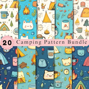 May include: A digital collection titled 20 Camping Pattern Bundle featuring repeating illustrations of tents, campfires, mugs, trees, and smiling characters in various color palettes including light blue, dark blue, and cream backgrounds.