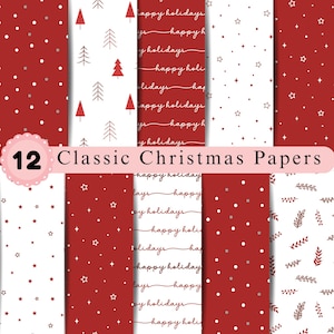 Peut inclure: Une collection de 12 papiers numériques présentant des motifs de Noël classiques en rouge et blanc. Les designs incluent des pois, des sapins stylisés, des étoiles, le texte cursif "happy holidays" et de délicats brins de feuillage.