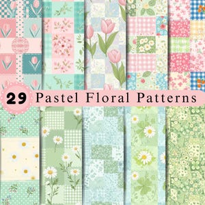 May include: A digital collection of 29 pastel floral patterns featuring various designs including pink tulips, white daisies, green clover, and checkered backgrounds. The text 29 Pastel Floral Patterns is displayed in black over a pink circle.