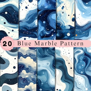 May include: A collection of 20 blue marble patterns featuring swirling liquid designs in shades of navy, royal, and light blue, accented with white highlights and scattered circular dots. The text 20 Blue Marble Pattern is displayed.