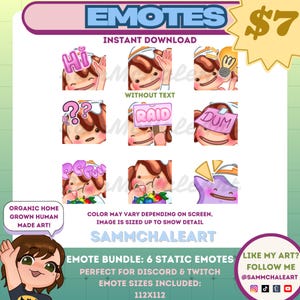 Puede incluir: Un gráfico de descarga digital con seis emoticonos estáticos con un personaje de dibujos animados. Los emoticonos incluyen varias expresiones y burbujas de texto. El texto de la imagen dice "EMOTES", "DESCARGA INSTANTÁNEA", "EMOTE BUNDLE: 6 STATIC EMOTES" y "PERFECT FOR DISCORD & TWITCH".