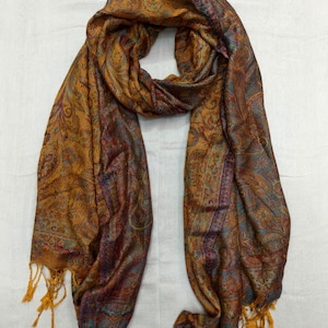 Silk Wool Blend Paisley Scarf – Golden Amber Jamawar Style Indian Shawl, Orange and Turquoise Floral Wrap with Fringe