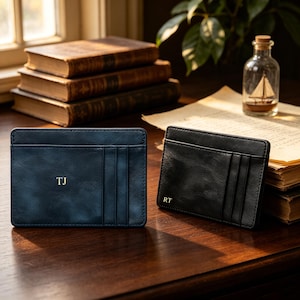 Personalized Leather Cardholder with Gold Foil Initials | Genuine Pebbled Leather Slim Wallet for Her