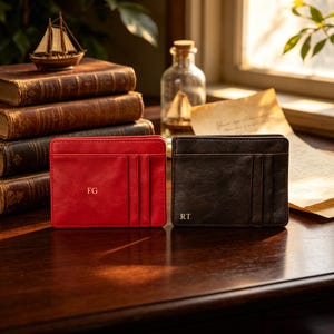 Slim Leather Wallet with Custom Initials | Personalized Pebbled Leather Cardholder for Her