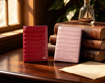 Custom Faux Croc Embossed Passport Cover | Personalized Gold Initials Travel Wallet