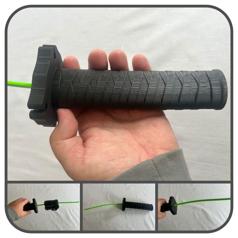 May include: A black textured handle with a geometric pattern, held in a hand. A green cable extends from the handle. Additional images show the handle and cable from different angles.