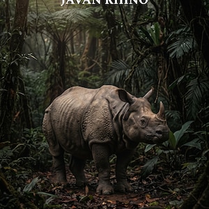Könnte beinhalten: Ein Java-Nashorn steht in einem üppigen, grünen Wald. Das Bild zeigt den Text "THE LAST ONES COLLECTION" und "JAVAN RHINO". Der Text "AROUND 76 REMAIN IN ONE PLACE ON EARTH" ist ebenfalls zu sehen. Das Nashorn hat eine hellbraune Farbe.