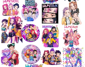May include: A selection of vibrant stickers with anime-style illustrations of female characters. The stickers display diverse designs, including groups of girls, text that says "HUNTRYX", and "KPOP DEMON HUNTERS".