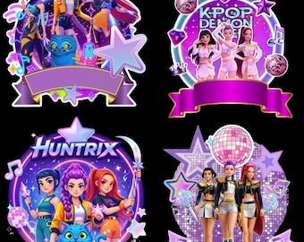 Pacchetto di decorazioni per torta K-Pop Demon Hunters / Decorazione per torta di compleanno Huntrix / Nome PNG personalizzato / Decorazione per feste Kpop / Download digitale
