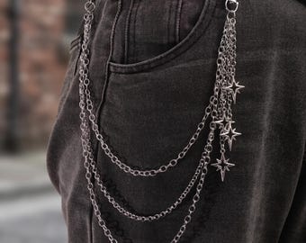 North Star Byxkedja Flerskiktad Silver Jeanskedja Bälte Cyber Y2K Plånbokskedja Starburst Charms Grunge Egirl Estetisk Layered Midjekedja