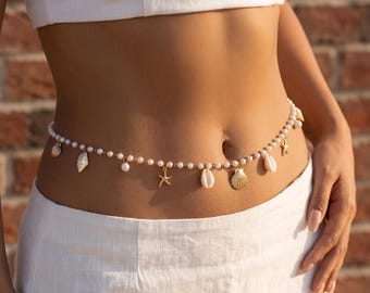Collana da vita con conchiglie e perle, gioielli per il corpo estivi da spiaggia, collana a forma di stella marina, accessorio color oro ispirato all'oceano, regalo di gioielli per le vacanze