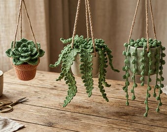 Crochet Hanging Plant Trio Pattern, Car Mirror Decor (PDF Pattern)