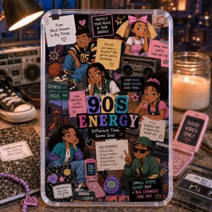 May include: A rectangular poster titled 90s ENERGY featuring various illustrated characters and motivational text notes. The design includes a boombox, a flip phone, a cassette tape, and handwritten-style messages about growth, peace, and self-worth.