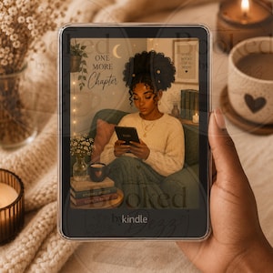May include: A Kindle e-reader featuring a digital illustration of a person with dark curly hair reading a book on a couch. The screen displays the text 'ONE MORE Chapter' and shows a cozy room with books, a plant, and a mug. The device has a clear case.